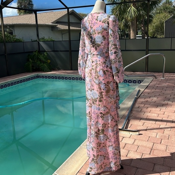 NWT Eliza J Blush Pink Floral Print Chiffon Cascade Long Sleeve Dress,size 6 - Picture 10 of 12